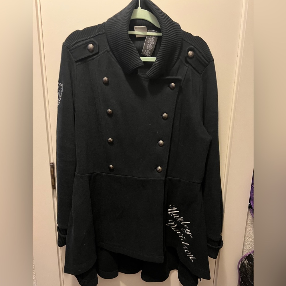 Harley Davidson peacoat with pleated tail. Black with embellishments.